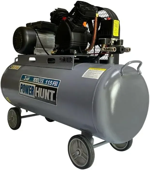 Compresor De Aire Eléctrico Portátil 100lts Power Hunt 3hp con banda y doble conexión rapida, presion de 8 bar/ 115 psi.