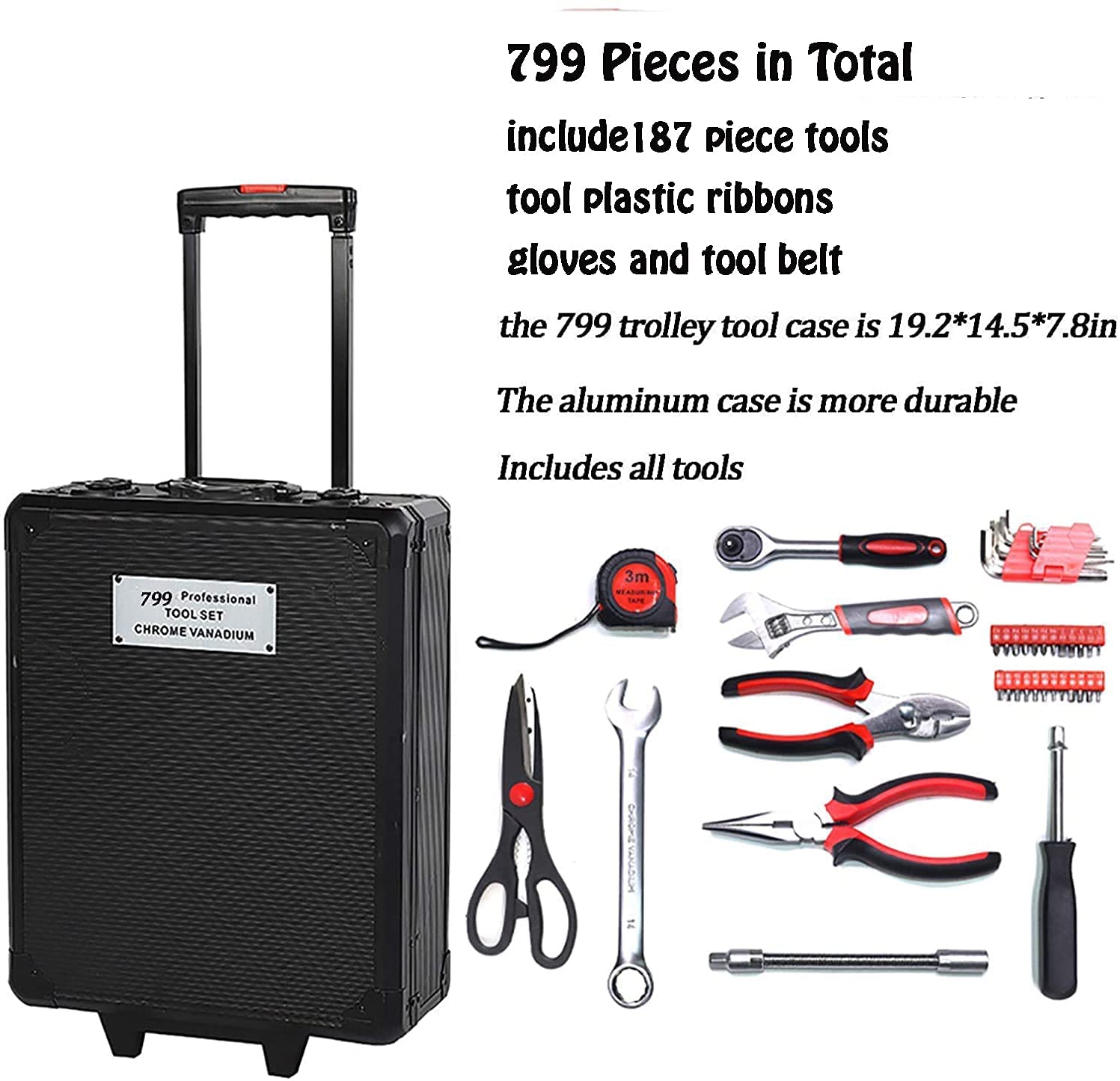 Arcwares Juego de herramientas de aluminio de 799 piezas, color plateado, juego de herramientas de mano para el hogar, con cinturón de herramientas, regalo en el día del padre (negro)