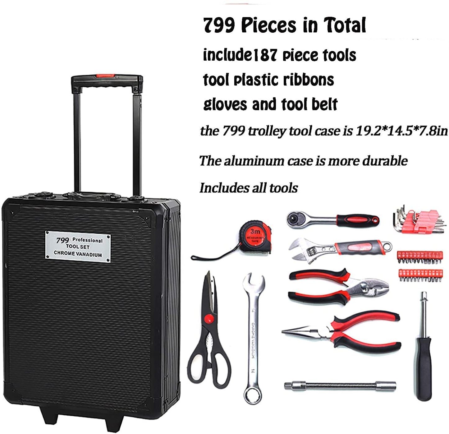Arcwares Juego de herramientas de aluminio de 799 piezas, color plateado, juego de herramientas de mano para el hogar, con cinturón de herramientas, regalo en el día del padre (negro)