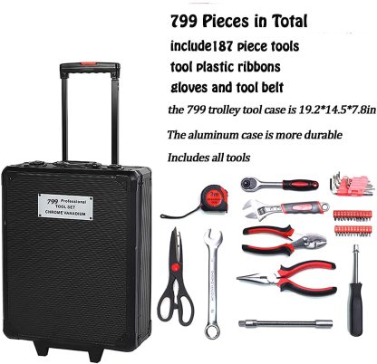 Arcwares Juego de herramientas de aluminio de 799 piezas, color plateado, juego de herramientas de mano para el hogar, con cinturón de herramientas, regalo en el día del padre (negro)