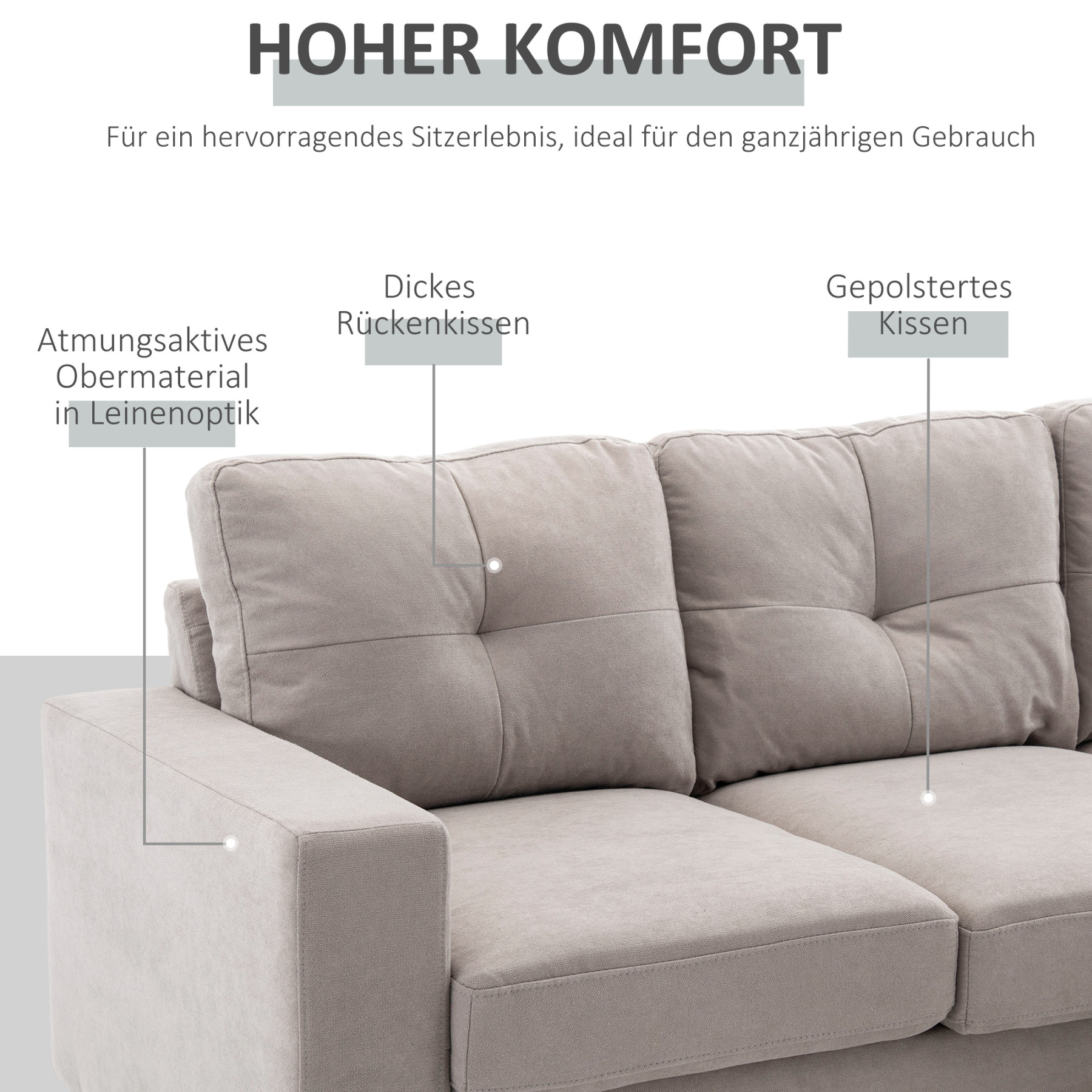Sofá de Esquina de 3 Plazas, Aspecto Lino, Chaise Lounge Reversible, 193x136x85 cm, Gris Claro