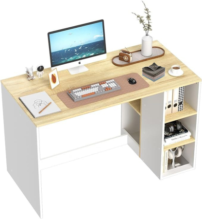 FurnitureR Escritorio para Computadora de Oficina con Almacenamiento Escritorio de Trabajo y Estudio con 5 Estantes Mesa Portátil para Estudiantes Escritorio de Escritura Moderno Haya y Blanco