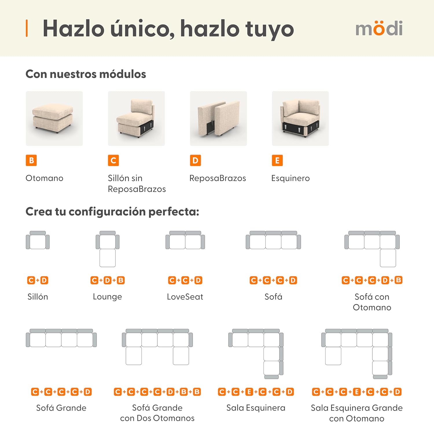 MODISOFA - Sofá Sala Esquinera Modular con Otomano | 6 Plazas | Beige | + Pillow Pack | Fácil de Ensamblar y Adaptable | Envío Gratis