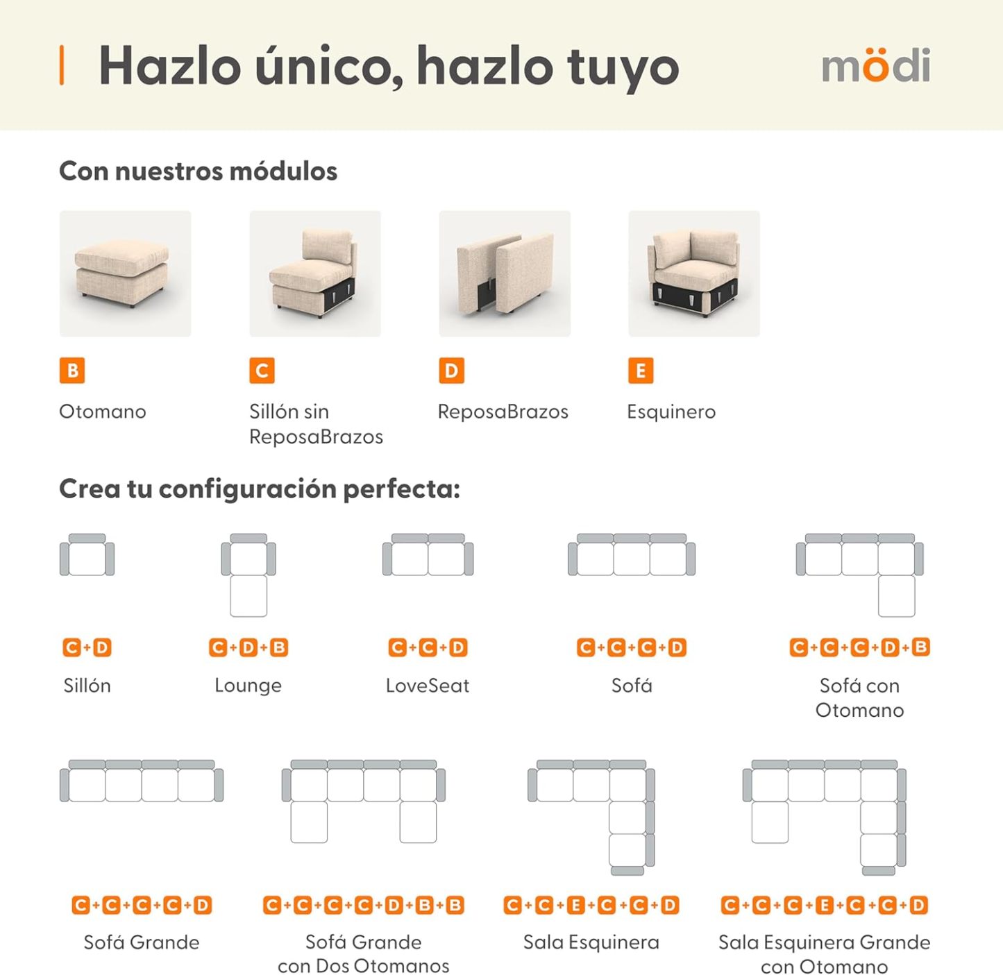 MODISOFA - Sofá Sala Esquinera Modular con Otomano | 6 Plazas | Beige | + Pillow Pack | Fácil de Ensamblar y Adaptable | Envío Gratis