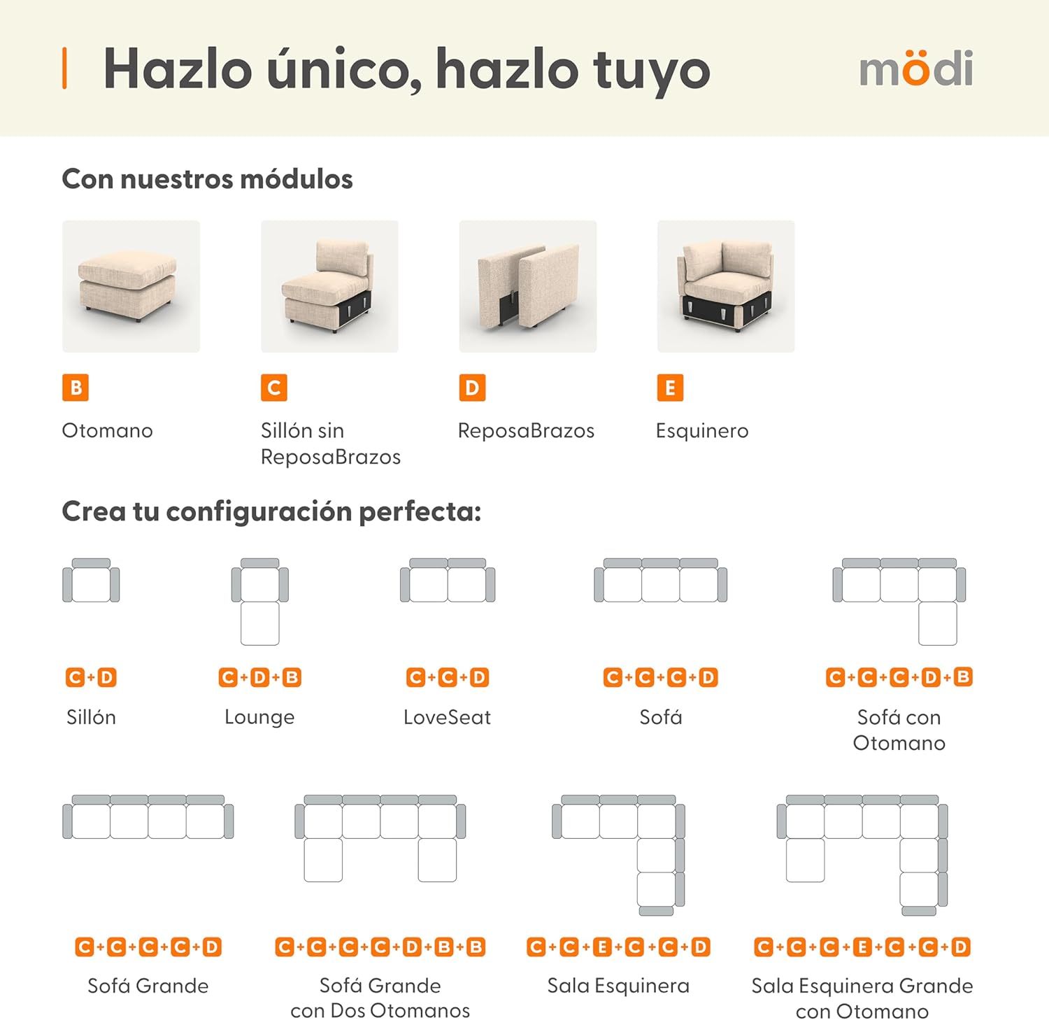 MODISOFA - Sofá Sala Esquinera Modular con Otomano | 6 Plazas | Beige | + Pillow Pack | Fácil de Ensamblar y Adaptable | Envío Gratis