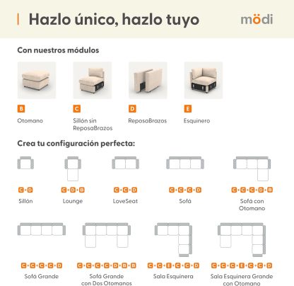 MODISOFA - Sofá Sala Esquinera Modular con Otomano | 6 Plazas | Beige | + Pillow Pack | Fácil de Ensamblar y Adaptable | Envío Gratis