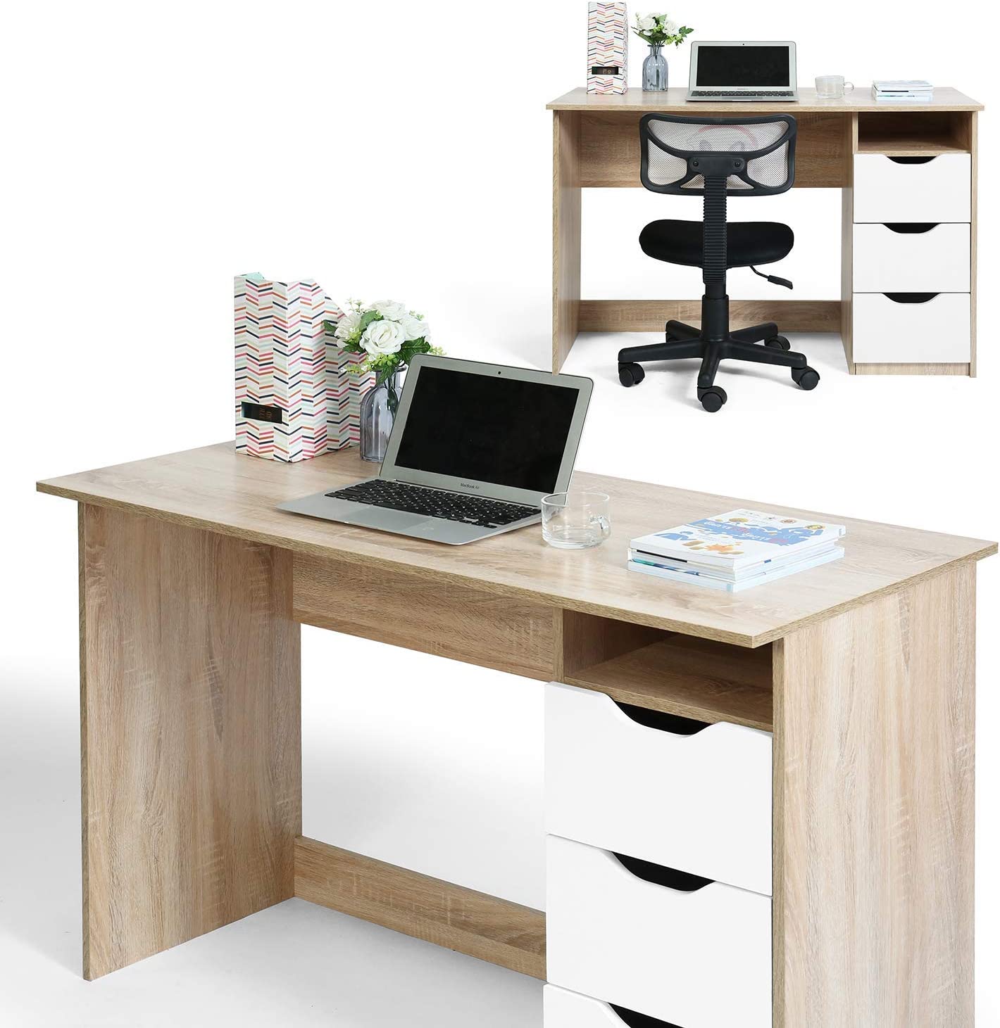 FurnitureR Escritorio para Computadora de Oficina con Almacenamiento Escritorio de Trabajo y Estudio con 5 Estantes Mesa Portátil para Estudiantes Escritorio de Escritura Moderno Haya y Blanco