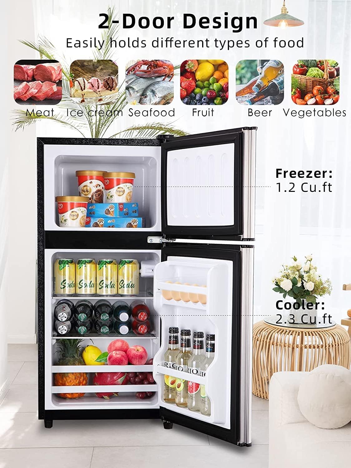 ❄️ KRIB BLING Refrigerador Compacto 3.5 Pies Cúbicos con Congelador Integrado, Doble Puerta, Termostato Ajustable 7 Niveles, Ahorro de Energía, Color Plateado