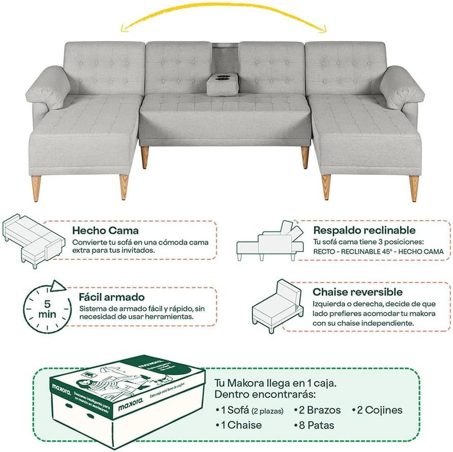 MAKORA Sala Modular Sofa Cama Brunello De 3 Plazas con Portavasos Memory Foam Respaldo Reclinable 3 Posiciones Recto Relax o Cama Perfecto para Departamento o Casa (Gris Claro)