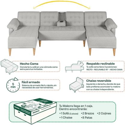 MAKORA Sala Modular Sofa Cama Brunello De 3 Plazas con Portavasos Memory Foam Respaldo Reclinable 3 Posiciones Recto Relax o Cama Perfecto para Departamento o Casa (Gris Claro)