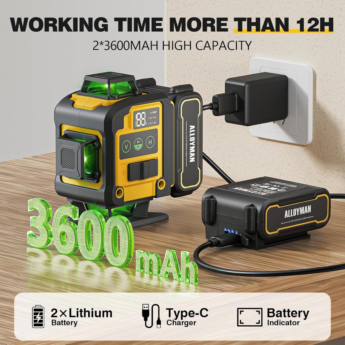 📐🎁Nivel Láser Alloyman 4D 16 Líneas Verdes, Autonivelante 4x360°, Incluye Trípode y 2 Baterías de Litio, para Azulejos, Colgar Cuadros y Reformas de Interiores, Excelente Regalo para Navidad y Año Nuevo