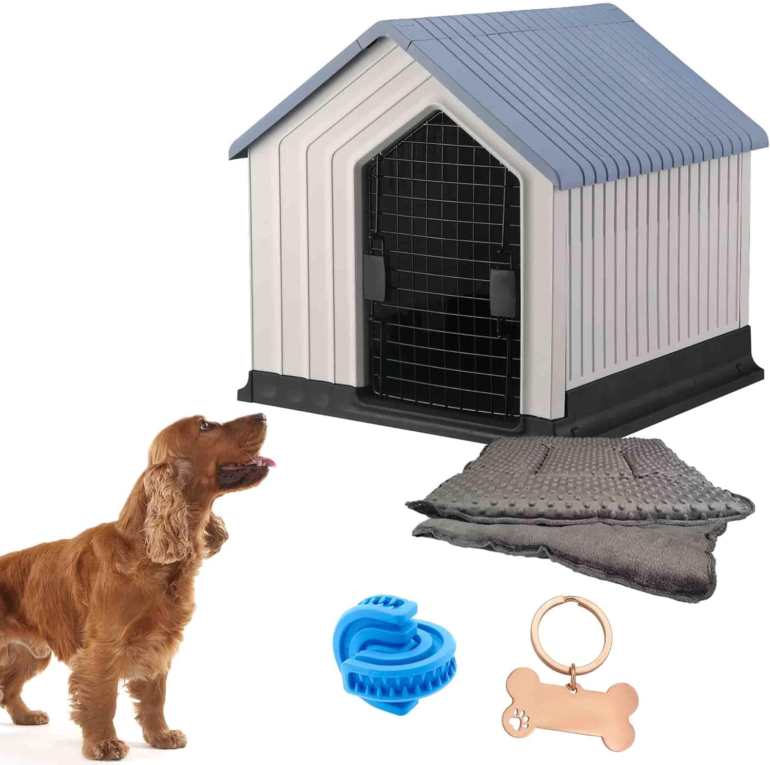 KE WOOW Casa para Perros Medianos y Chicos Premium, Térmica, con Puerta Metálica, Repelente al Clima, Base Elevada, Armable, Color Azul, Incluye Colchón y Juguete de Regalo, 62 x 62 x 60 cm