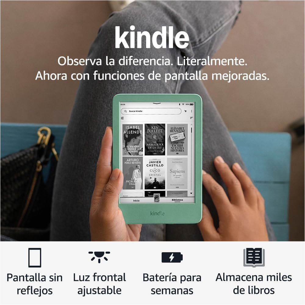 📕 Kindle 16 GB (modelo más reciente), el más ligero y compacto, refresco de página rápido y alto contraste, experiencia de lectura mejorada, colores: Negro, Rosa y Matcha (Verde Té)