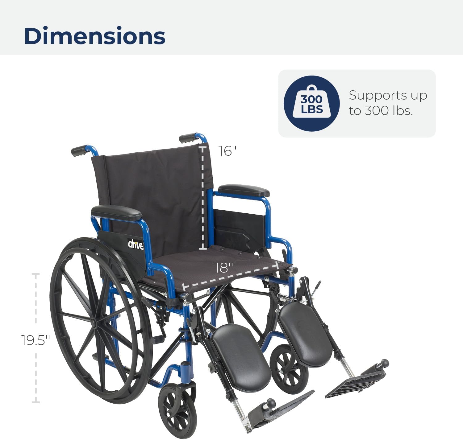 Drive Medical BLS20FBD-ELR Blue Streak Wheelchair with Flip Back Desk Arms and Elevating Leg Rests, Blue