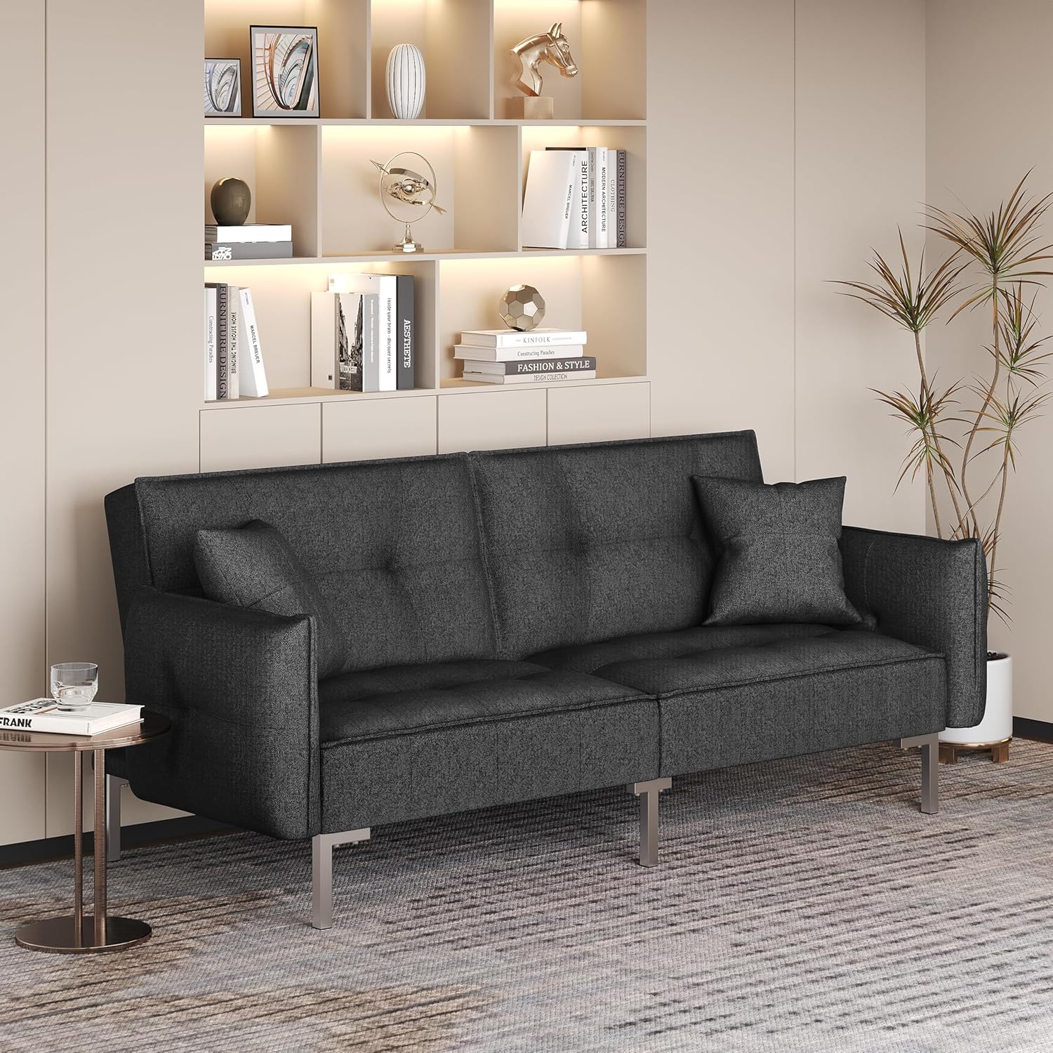 Yaheetech Sofá Cama Convertible Moderno futón sofás, Cama Plegable y Abajo, Tela de Lino reclinable para Sala de Estar, Color Gris