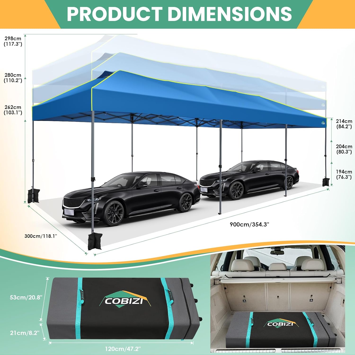 COBIZI - Tienda de campaña desplegable de 10 x 20 Pulgadas, Tienda de campaña instantánea Comercial para Bodas, Fiestas con 3 Altura Ajustable, toldo Ez Up para Exteriores, Impermeable, UPF50+ con