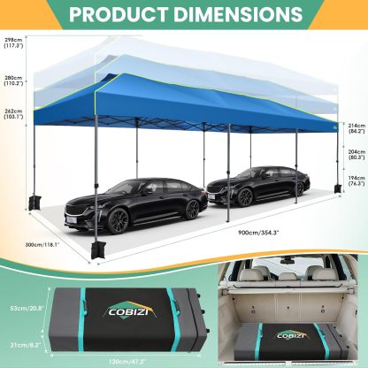 COBIZI - Tienda de campaña desplegable de 10 x 20 Pulgadas, Tienda de campaña instantánea Comercial para Bodas, Fiestas con 3 Altura Ajustable, toldo Ez Up para Exteriores, Impermeable, UPF50+ con