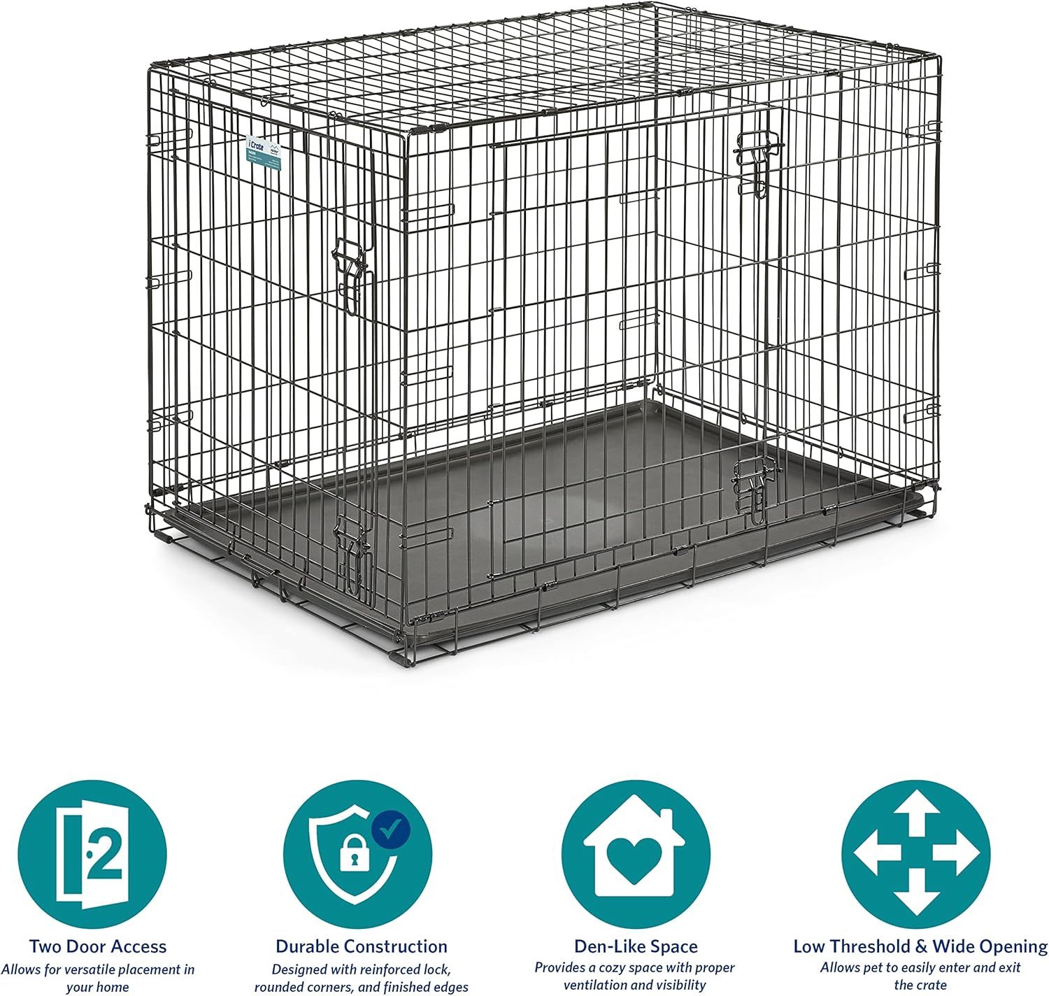 MidWest Homes for Pets - Jaula para perros XL | Jaula para perros MidWest iCrate de metal plegable con doble puerta con panel divisor, protege los pies y bandeja para perros a prueba de fugas | 48 pulgadas de largo x 30 de ancho x 33 pulgadas de alto, raz