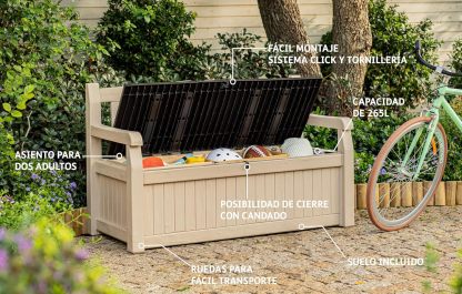 Keter Banco de jardín Eden, Caja de Almacenamiento de Jardin, Cerradura, Polipropileno, Blanco y Marrón