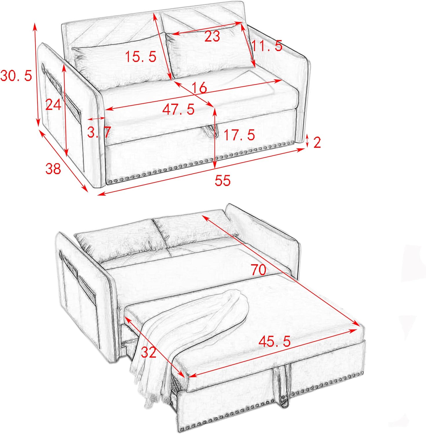 Miscoos - Sofá Cama de Terciopelo con Puerto USB 3 en 1 Ajustable, tirón, 2 Almohadas Lumbar, Bolsillo Lateral, Adecuado para Sala de Estar, recámara, Color Negro