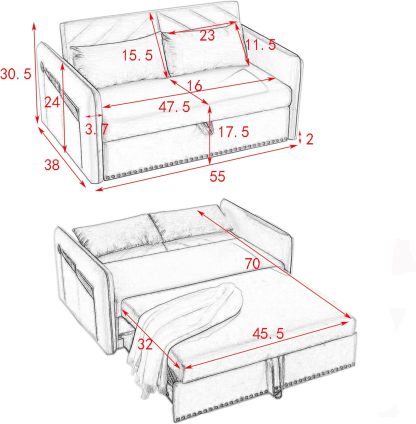 Miscoos - Sofá Cama de Terciopelo con Puerto USB 3 en 1 Ajustable, tirón, 2 Almohadas Lumbar, Bolsillo Lateral, Adecuado para Sala de Estar, recámara, Color Negro