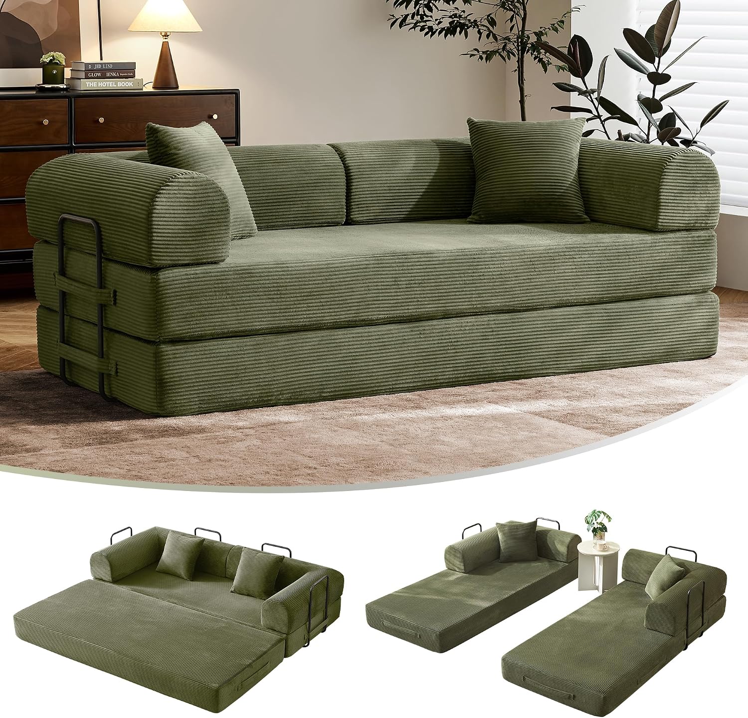 🛋️ Sofá Cama Convertible 79 Pulgadas, Diseño Deshuesado, Mueble Multifuncional para Sala de Estar, Colores Beige y Blanco