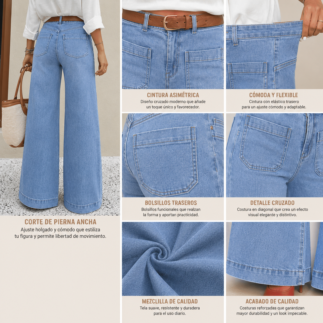 Jeans de Cintura Alta y Pierna Ancha con Bolsillos para Mujer