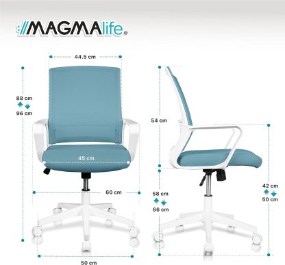 MAGMALIFE Silla Ergonómica de Escritorio con Respaldo de Malla Transpirable, Moderna y Elegante, Silla Giratoria con Soporte Lumbar y Cómodos Descansabrazos (Azul Cerúleo)
