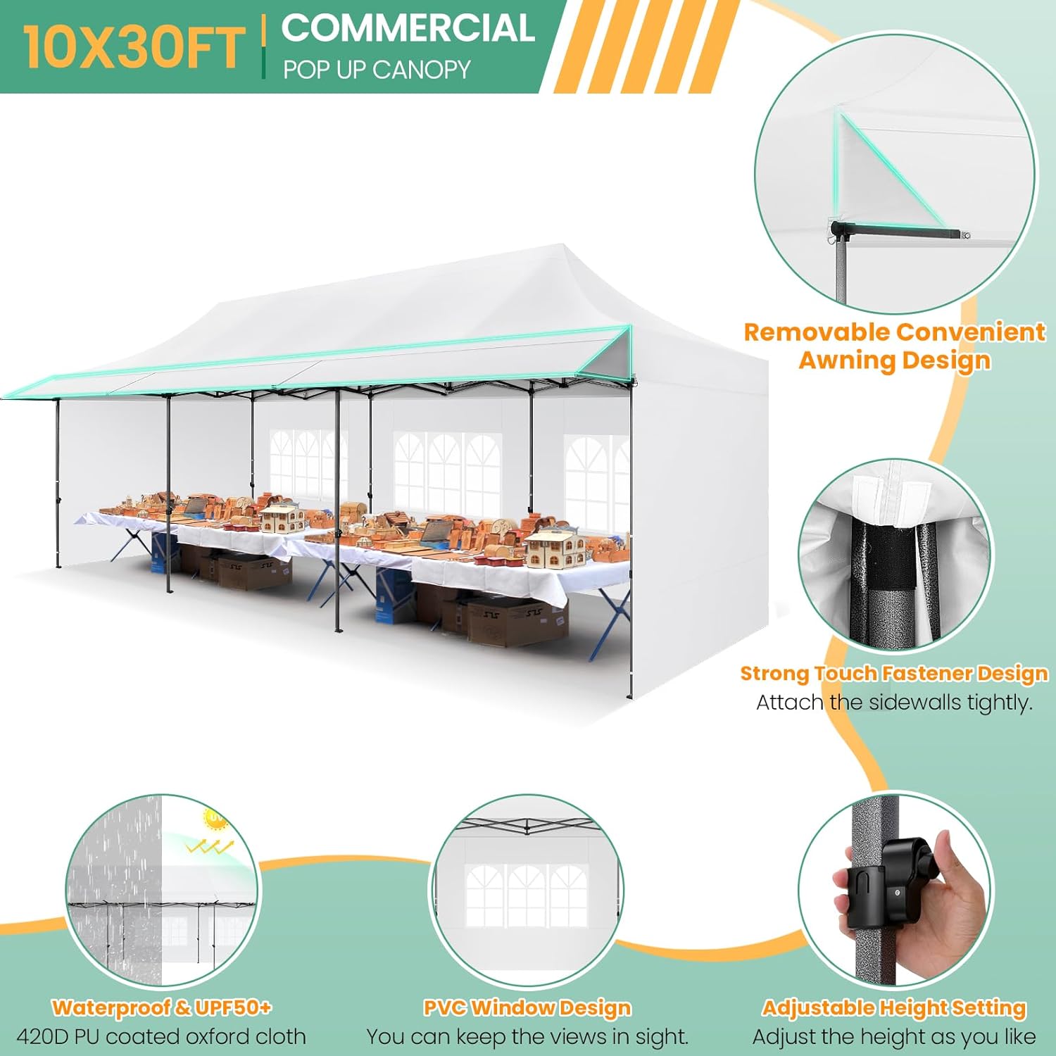 COBIZI - Toldo desplegable de 10 x 20 Pulgadas con 6 Paredes Laterales, toldo Impermeable para Eventos al Aire última intervensión, UPF 50+ cenador portátil para Fiestas, Playa, Camping, Boda,