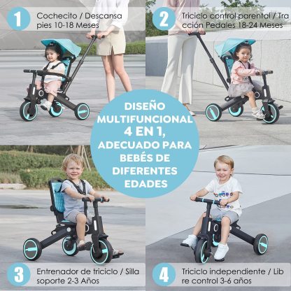 Triciclo de bebé 4 en 1, Bici polivalente, cochecito de dirección plegable, bicicleta de aprendizaje con barandilla desmontable, con toldo ajustable, arnés de seguridad, pedales plegable, freno, asa de empuje para padres, diseño de absorción de impactos,
