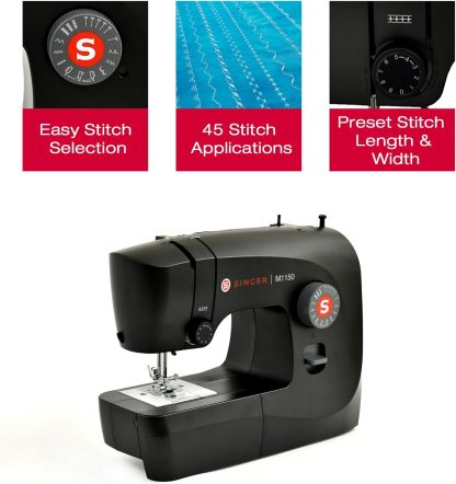 SINGER M1150 - Máquina de coser ligera y portátil con 45 aplicaciones de puntadas, luz LED y ojal de 4 pasos | Se utiliza para reparar y coser