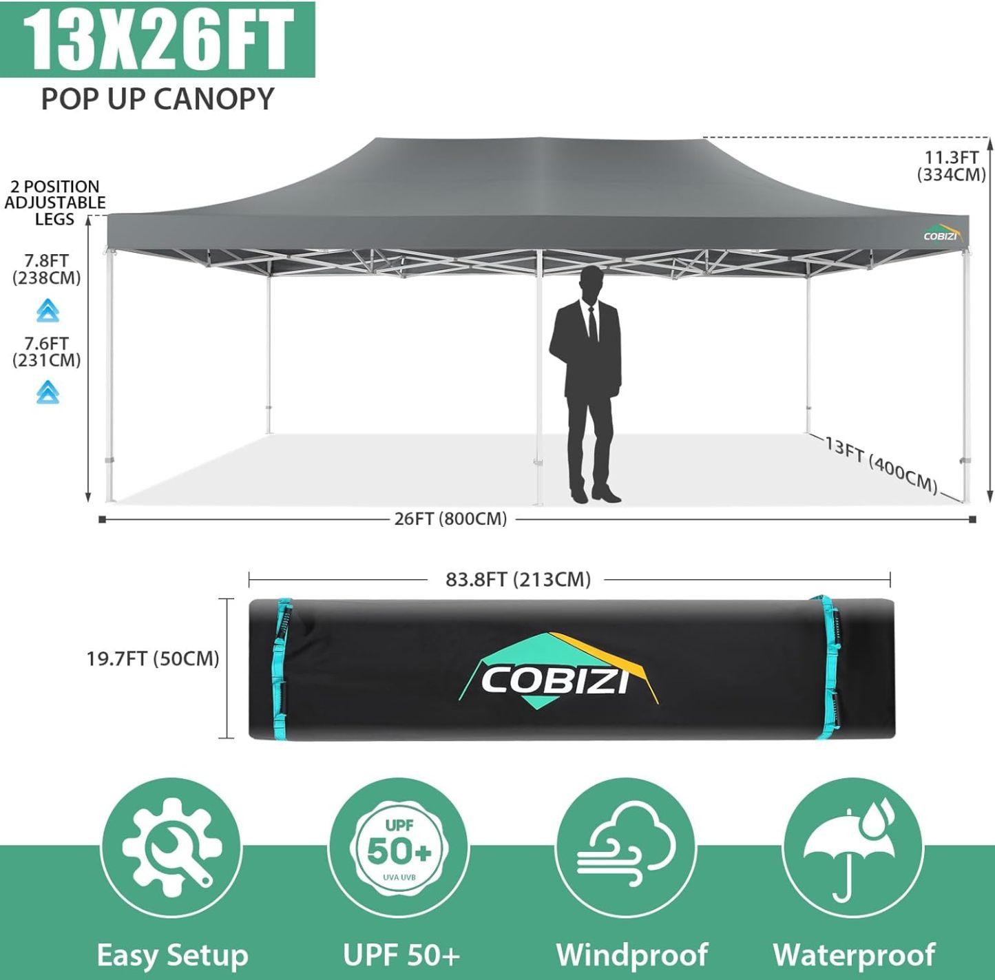 COBIZI - Toldo desplegable de 10 x 20 Pulgadas con 6 Paredes Laterales, toldo Impermeable para Eventos al Aire última intervensión, UPF 50+ cenador portátil para Fiestas, Playa, Camping, Boda,
