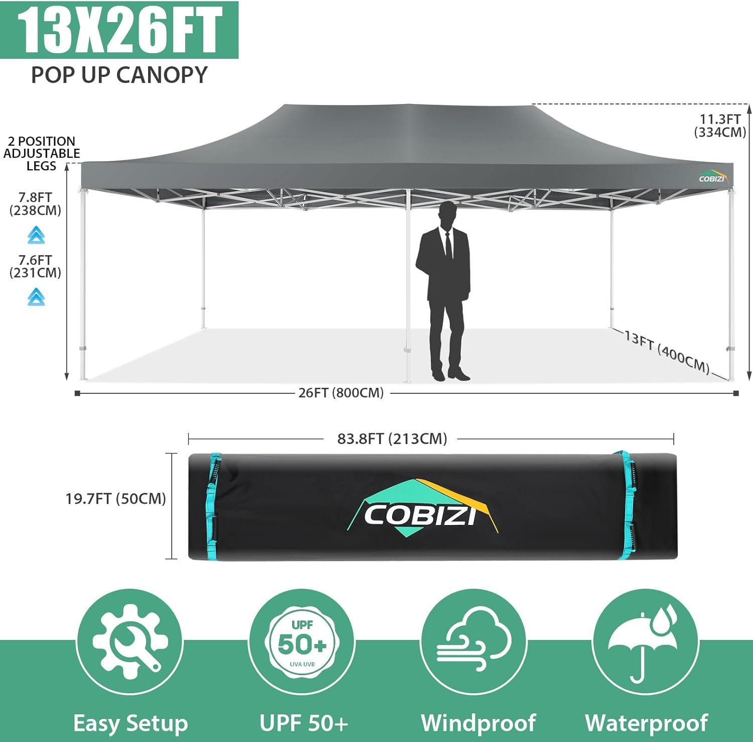 COBIZI - Toldo desplegable de 10 x 20 Pulgadas con 6 Paredes Laterales, toldo Impermeable para Eventos al Aire última intervensión, UPF 50+ cenador portátil para Fiestas, Playa, Camping, Boda,