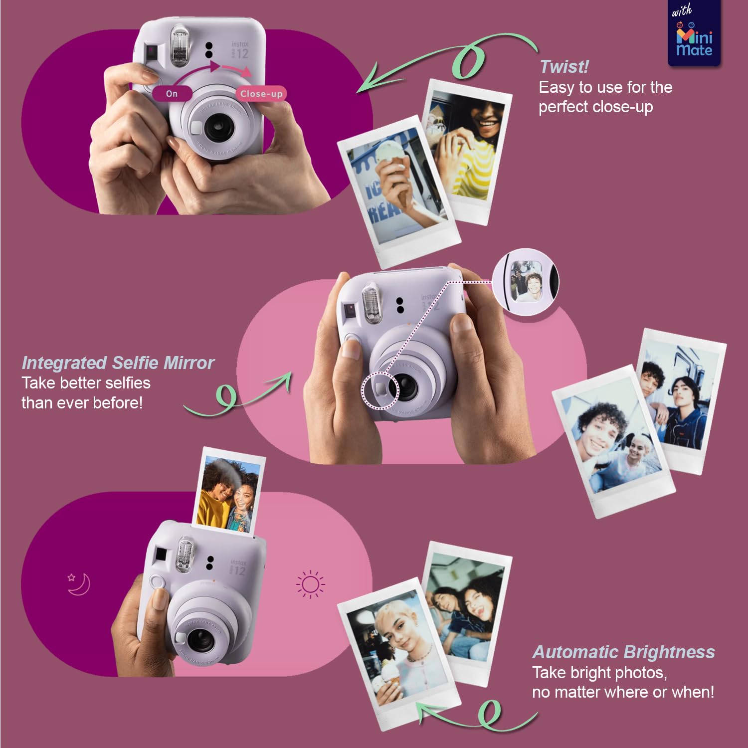 Fujifilm Instax Mini 12 cámara instantánea + paquete de accesorios MiniMate y funda personalizada compatible + Fuji Instax Film Value Pack (50 hojas) Álbum de fotos de diseño flamenco (verde menta)