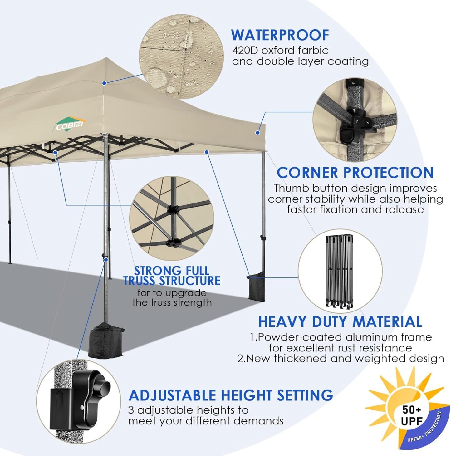 COBIZI - Toldo desplegable de 10 x 20 Pulgadas con 6 Paredes Laterales, toldo Impermeable para Eventos al Aire última intervensión, UPF 50+ cenador portátil para Fiestas, Playa, Camping, Boda,