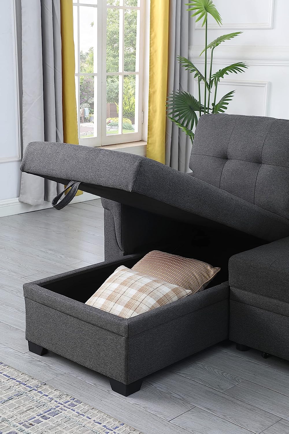 Lilola Home Lucca - Sofá seccional Reversible de Lino Gris Claro con diván de Almacenamiento