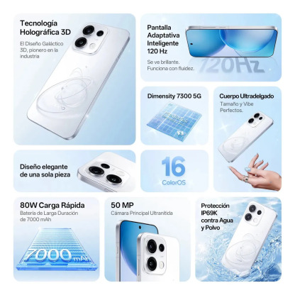 OPPO Reno 16 F 5G Blanco Celular Diseño Moderno 8GB RAM 128GB Cámara Principal 50MP Selfie 50MP Pantalla 120Hz Batería 7000mAh Carga 80W NFC ColorOS 16