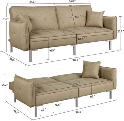 Yaheetech Sofá cama convertible moderno futón sofás, cama plegable y abajo, tela de lino reclinable para sala de estar, color gris-almohada