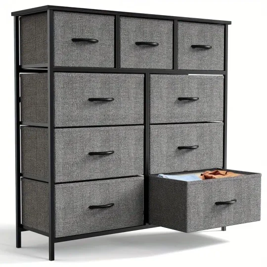 Cómoda Organizadora de Dormitorio de 9 Cajones de Tela - Parte Superior de Madera Resistente, Marco Engrosado, Amplio Almacenamiento para Guardarropas, Habitaciones y Pasillos