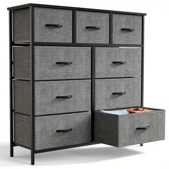 Cómoda Organizadora de Dormitorio de 9 Cajones de Tela - Parte Superior de Madera Resistente, Marco Engrosado, Amplio Almacenamiento para Guardarropas, Habitaciones y Pasillos