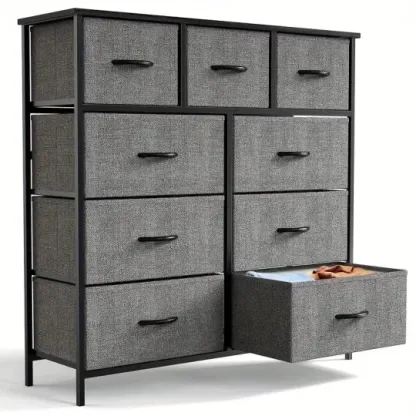 Cómoda Organizadora de Dormitorio de 9 Cajones de Tela - Parte Superior de Madera Resistente, Marco Engrosado, Amplio Almacenamiento para Guardarropas, Habitaciones y Pasillos