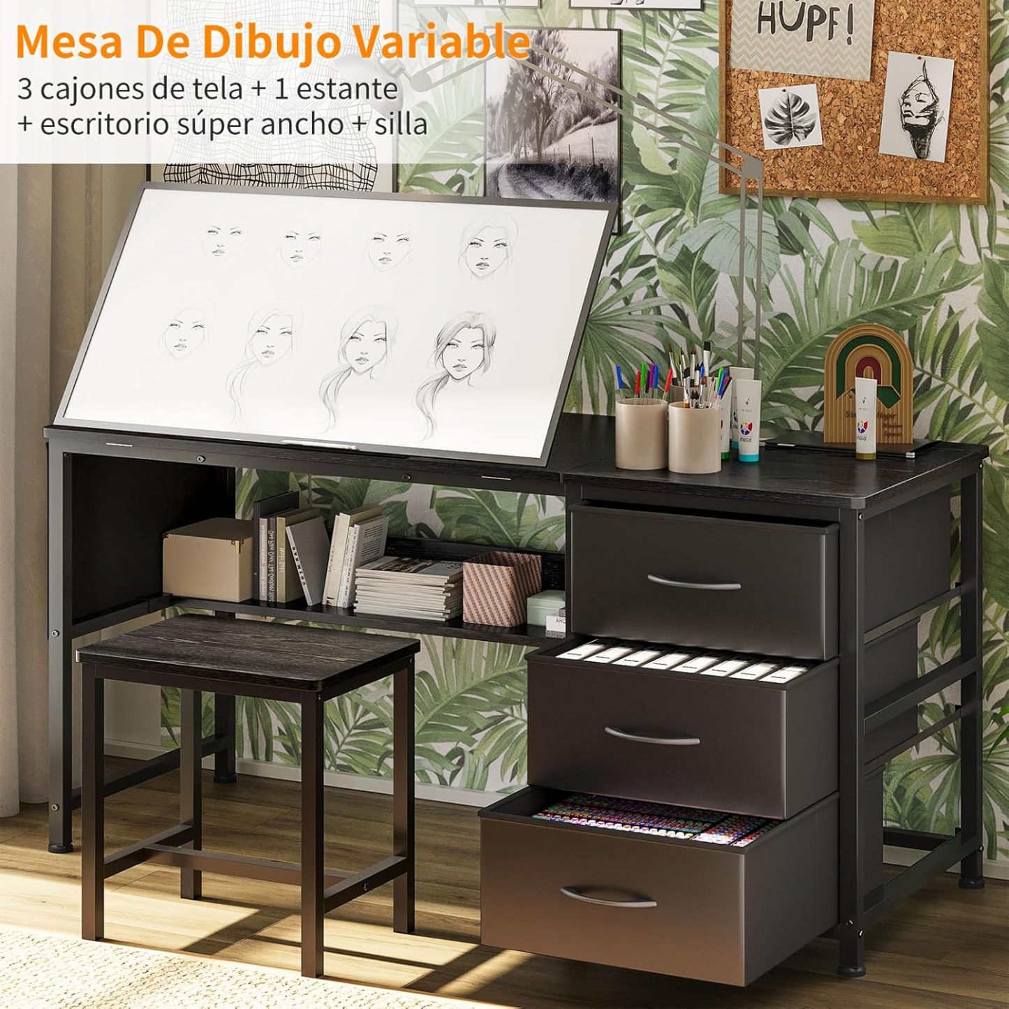 Mesa de Dibujo,Restirador Arquitectura Multifuncional Inclinación Ajustable,Restirador con 3 Cajones (Tela) y Viene con Taburete,Restiradors para Dibujo Adecuado para Pintar