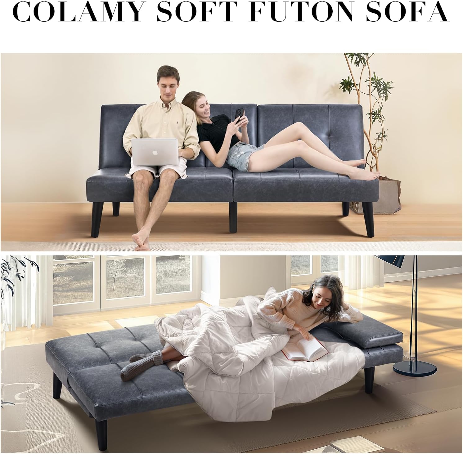 COLAMY - Sofá Cama de futón pequeño, de Piel, futón, sofá de salón, futón Convertible con Soporte para Tazas, reposabrazos extraíble, Respaldo Ajustable, Gris Oscuro