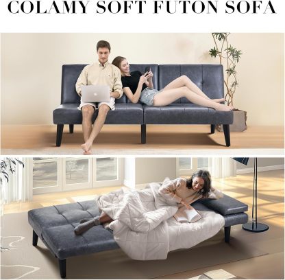 COLAMY - Sofá Cama de futón pequeño, de Piel, futón, sofá de salón, futón Convertible con Soporte para Tazas, reposabrazos extraíble, Respaldo Ajustable, Gris Oscuro