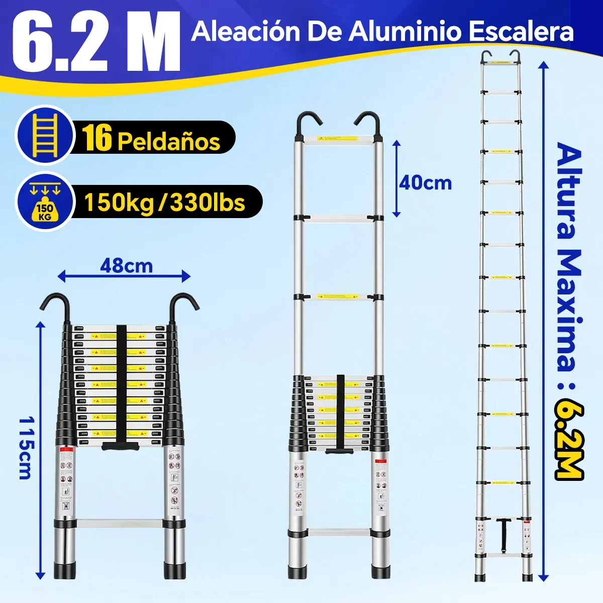 Escalera Telescópica Retráctil Aluminio Plegable 6.2 Metros