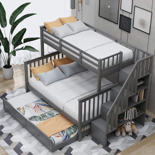 Oferta de liquidación: litera doble sobre una cama completa con cajón, 4 espacios de almacenamiento y barandilla