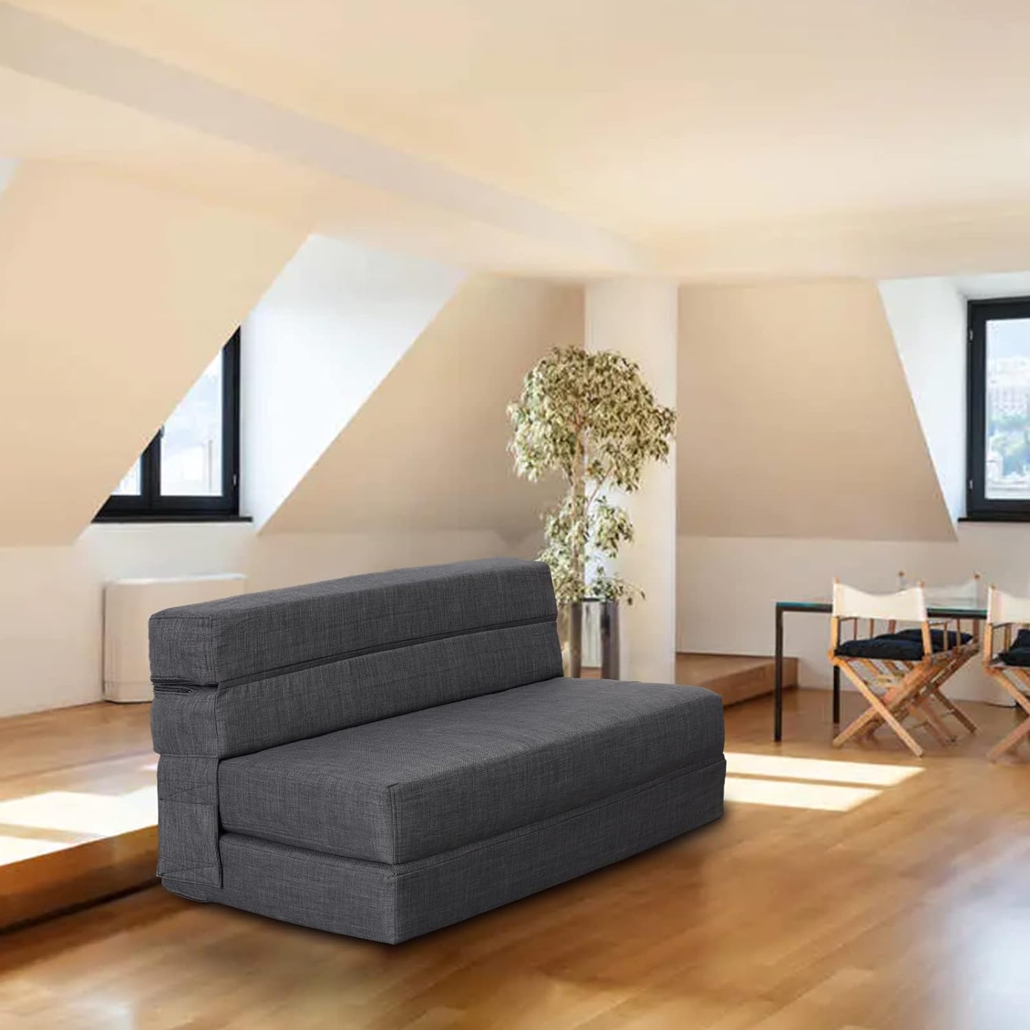 Silla reclinable Anoner, sofá cama plegable de 152 cm, diván con 2 cojines, funda lavable de espuma viscoelástica tamaño queen, color gris claro