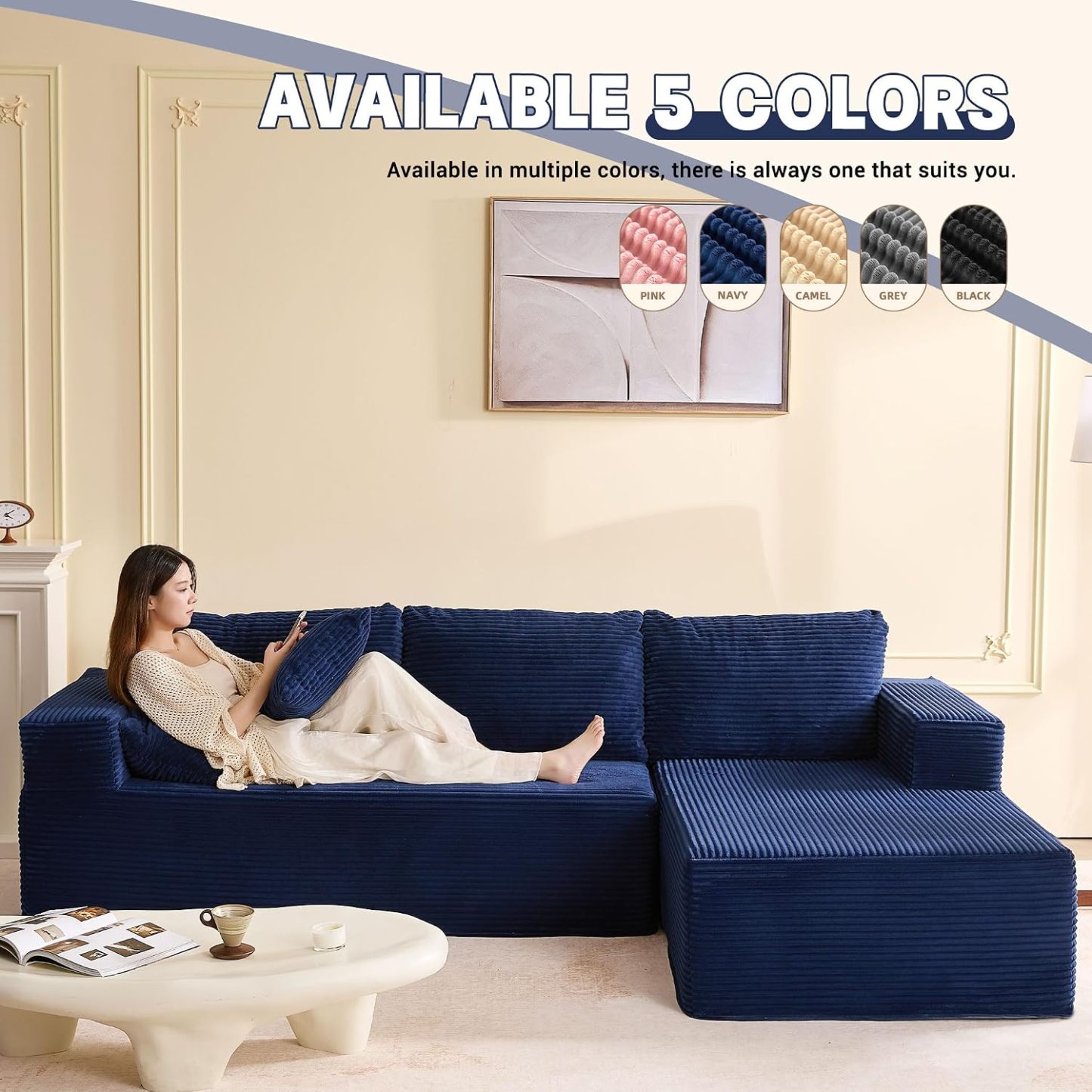 🛋️ Afuson Sofá Modular Seccional en Forma L de 107 Pulgadas, Asiento Profundo, Tapicería de Pana, Sin Montaje, Diseño Deshuesado para Sala de Estar