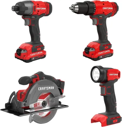 CRAFTSMAN Kit de Herramientas 20V Inalámbricas con Taladro Atornillador Sierra Circular Atornillador de Impacto y Linterna con 2 Baterias CMCK401D2