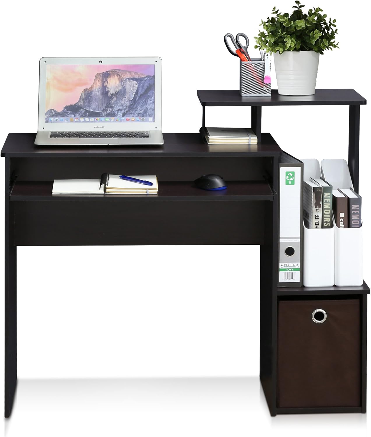 Furinno Econ Escritorio de escritura de computadora de oficina en casa multipropósito W/Bin, Blanco/Negro